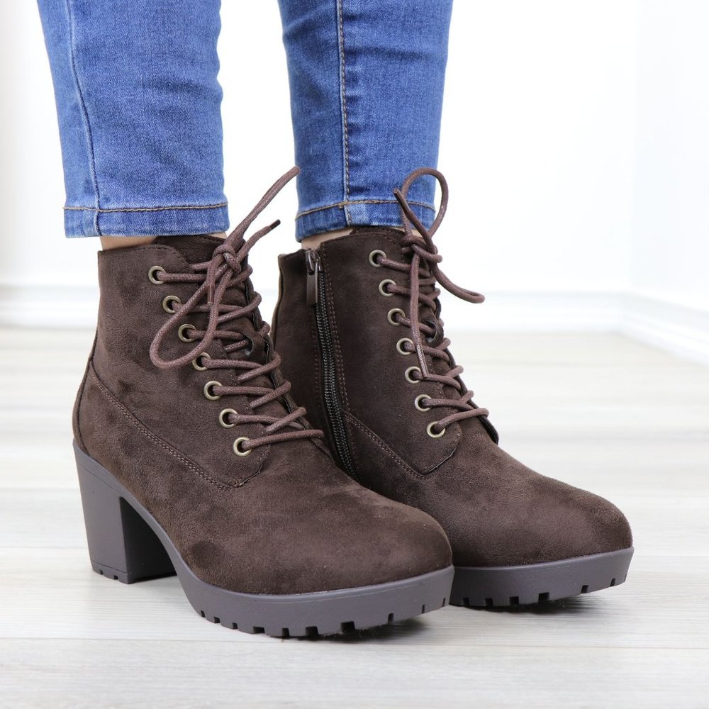 Brown Faux Suede Lace-Up Lug Chunky Block High Heel Ankle Boots - Picture 3 of 12